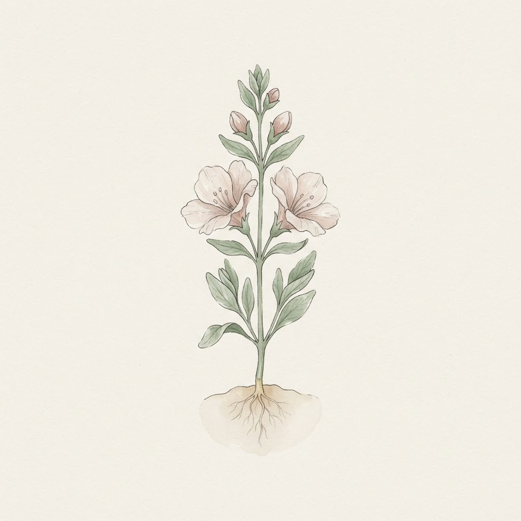 Watercolor plant with flowers opening and buds forming