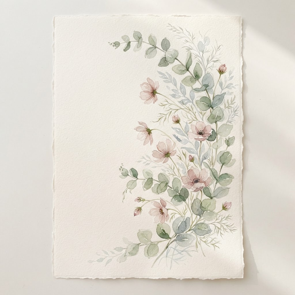 Watercolor botanical arrangement in sage and dusty rose